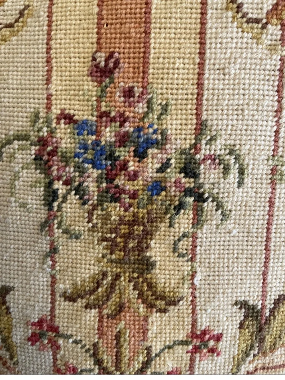 Decorative Floral Needlepoint Throw Pillow in Beige and Blue